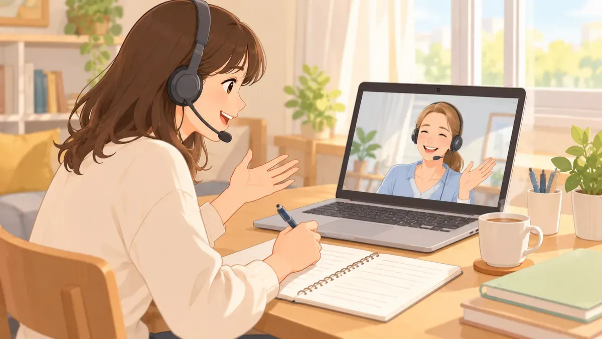 自宅でオンライン英会話の講師と練習する人