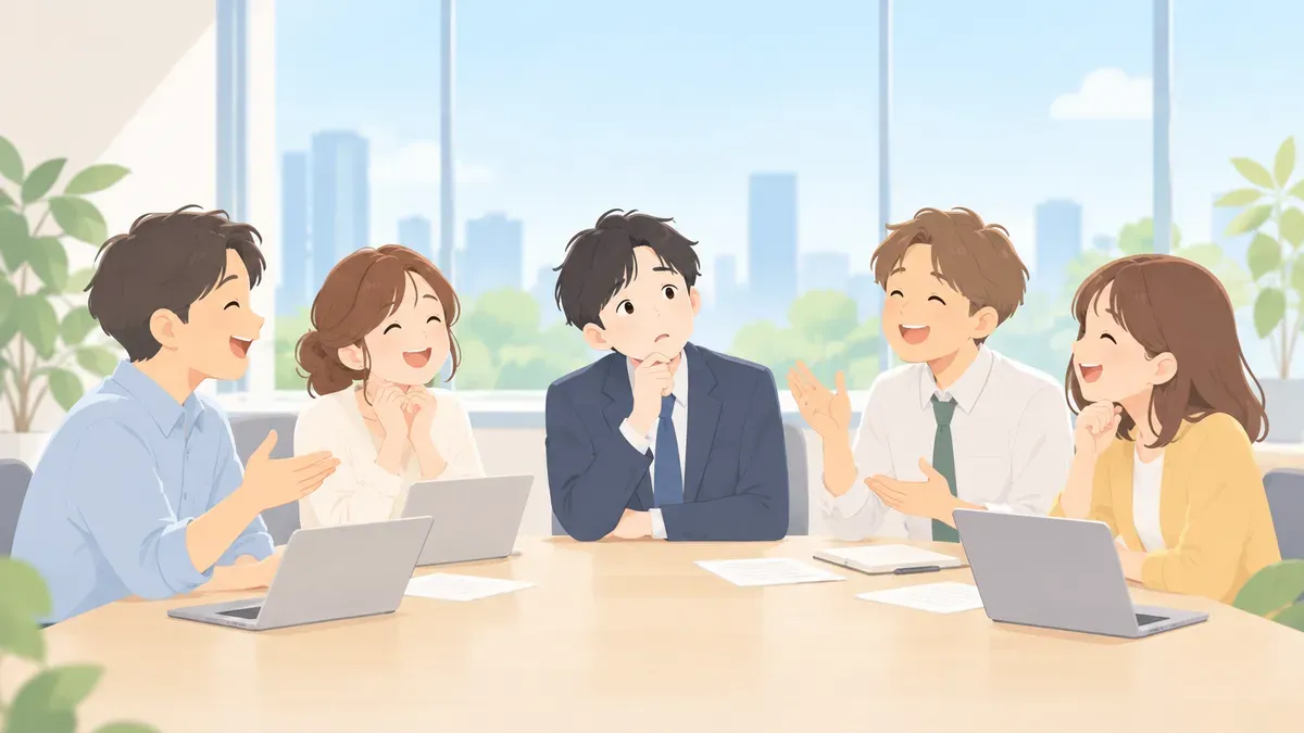 会議中に周りが笑う中で、ひとりだけ首をかしげる会社員のイメージイラスト