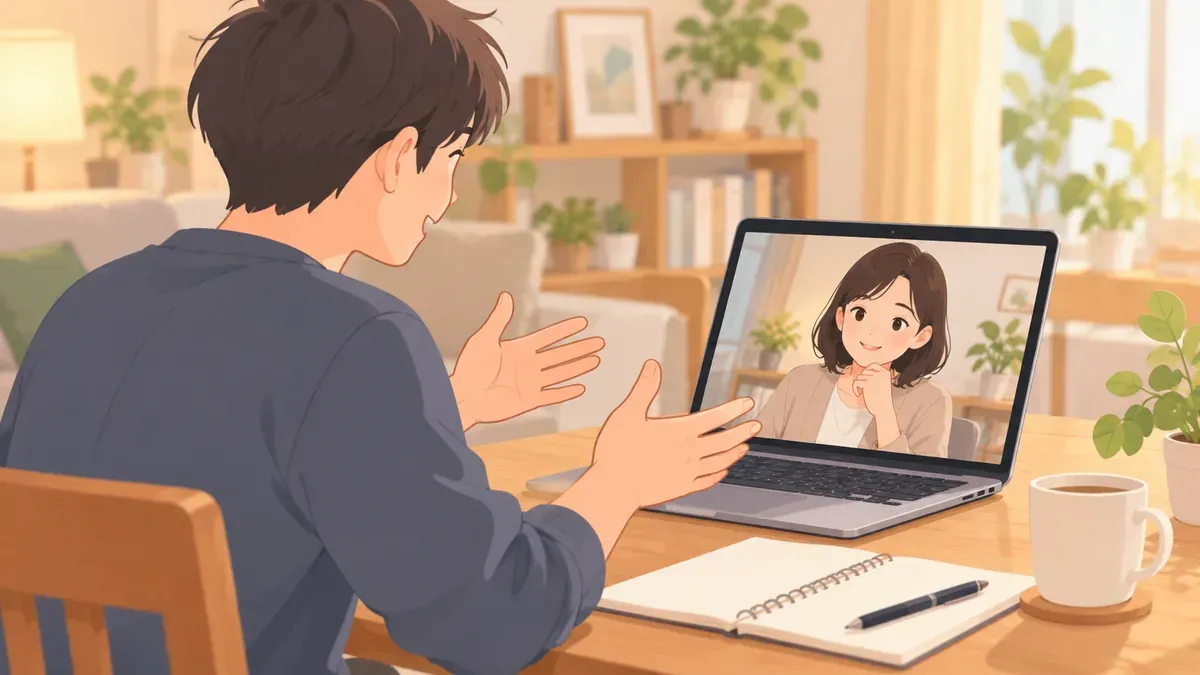 オンライン英会話で引き継ぎ説明を練習する場面