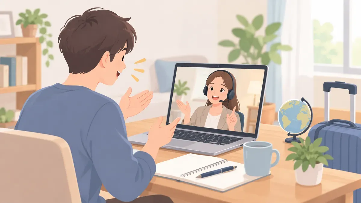 オンライン英会話で接客スタッフ役の練習をする場面