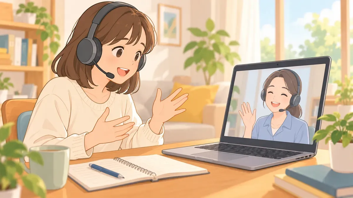 オンライン英会話で講師と話す練習をする場面