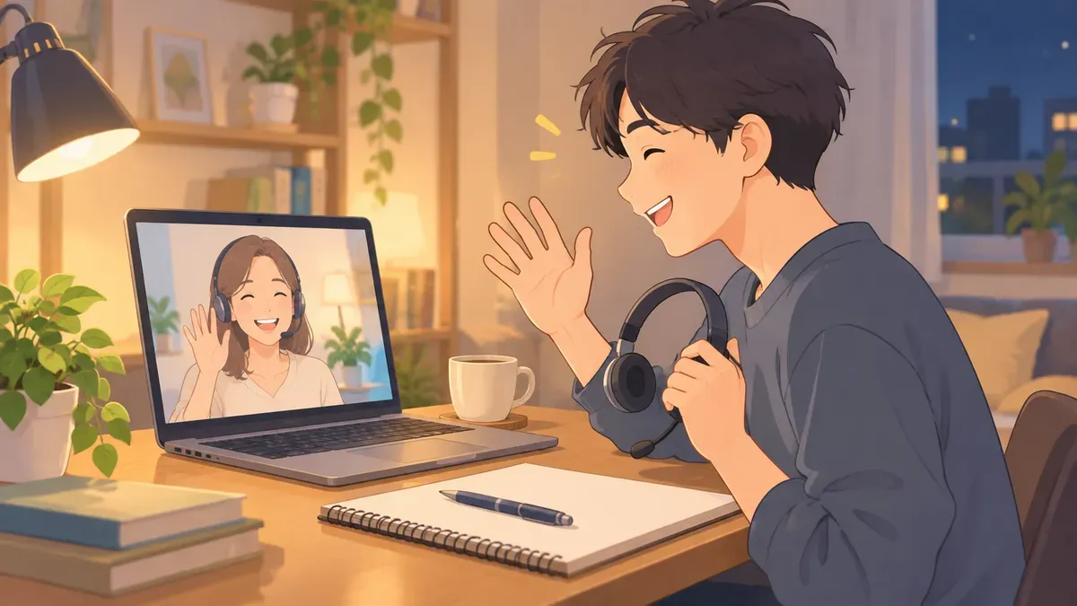 最後のオンライン英会話レッスンを終えて手続きを考える場面